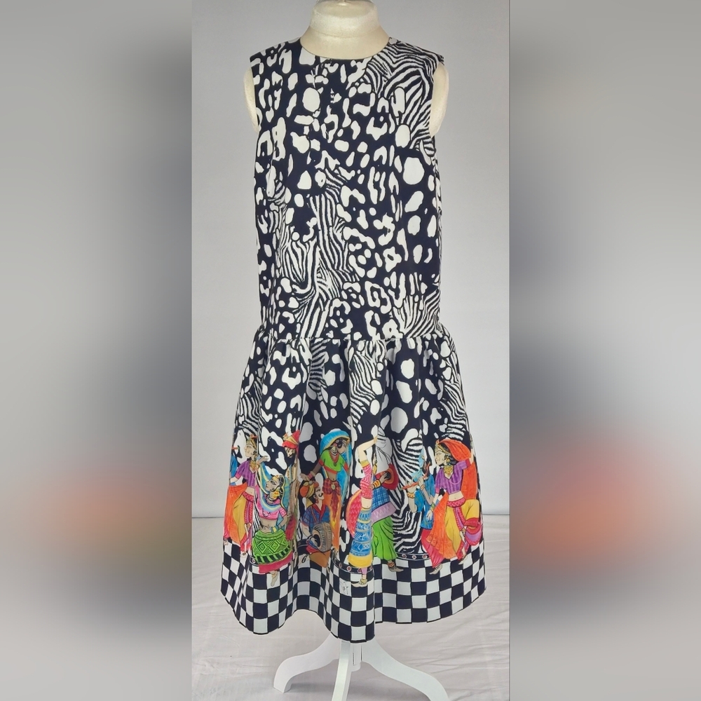 Stella Jean Designer Dress Black White Print Colorful Statement Dress EU 42